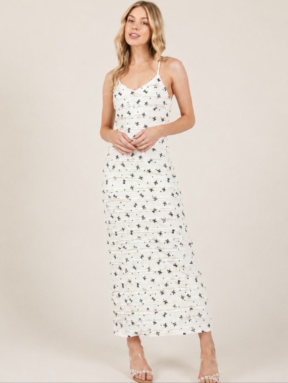 Pretty Garbage Maxi Dress Cream Ribbon Print Lace Detailing Bodycon Women's Sz M